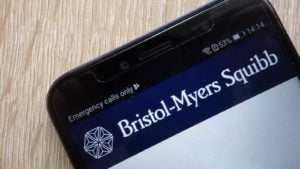 Bristol-Myers (BMY) logo at the top of a cellphone.